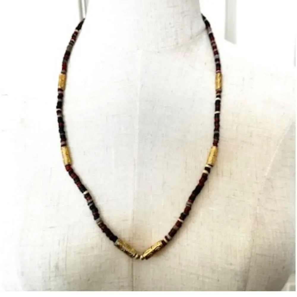 Brown black and gold tone beaded long necklace